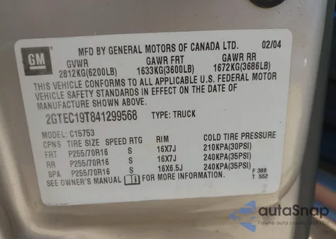 2004 GMC Sierra 1500 Sle z USA, uszkodzony, nr VIN 2GTEC19T841299568